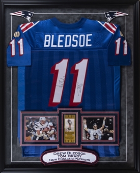 Tom Brady and Drew Bledsoe Dual Signed Drew Bledsoe Patriots Jersey In A 34 x 42 x 3 Framed (JSA)
